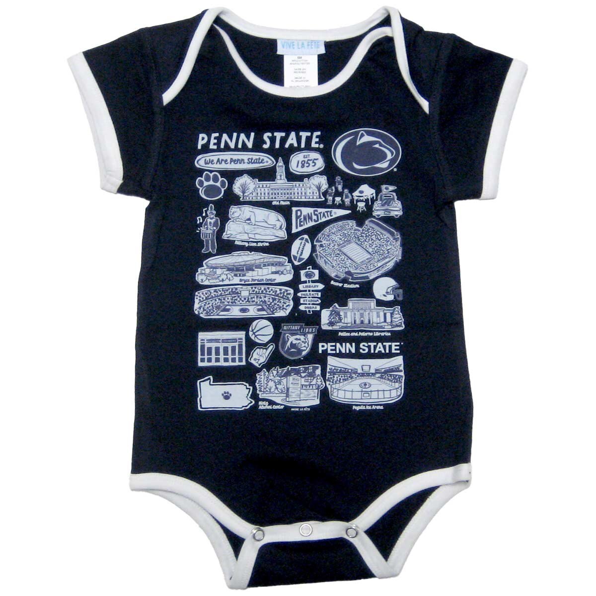 navy infant onesie with assorted Penn State campus impressions